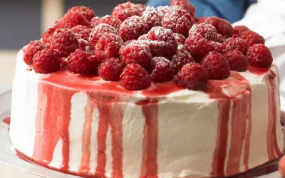Himbeer Joghurt Torte, üppig belegt mit frischen Himbeeren und Puderzucker, mit roten Himbeersaucen-Tropfen.