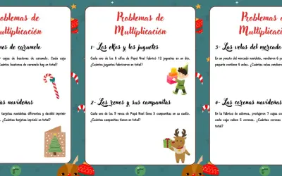 Problemas de multiplicación navideña: elfos, renos, bastones de caramelo, velas y coronas.
