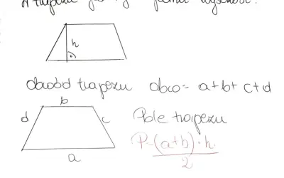 Rysunek przedstawia czworokąt - trapez, z zaznaczoną wysokością (h) i wzorami na obwód (a+b+c+d) i pole P = ((a+b)*h)/2.