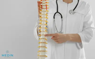 Lekarz w białym kitlu ze stetoskopem wskazuje palcem na model kręgosłupa.