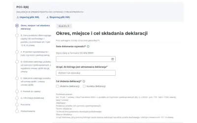 Formularz PCC-3 pdf do wypełnienia: Okres, miejsce i cel składania deklaracji. Wpisz datę, wybierz urząd i cel złożenia.