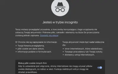 Ikona szpiega w okularach symbolizuje tryb incognito. Przeglądaj prywatnie, ale pamiętaj, że aktywność może być widoczna dla pracodawcy.