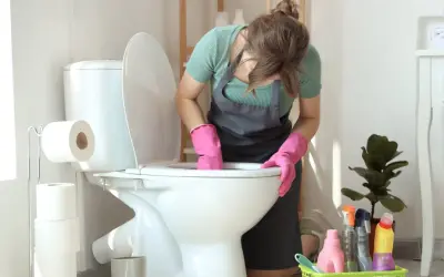 Kobieta w różowych rękawiczkach czyści toaletę, bo w łazience smierdzi. Obok stoją środki czystości i rolki papieru toaletowego.
