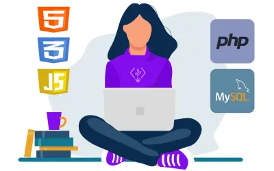Une développeuse travaille sur son ordinateur portable, entourée des logos HTML5, CSS3, JavaScript, PHP et MySQL.