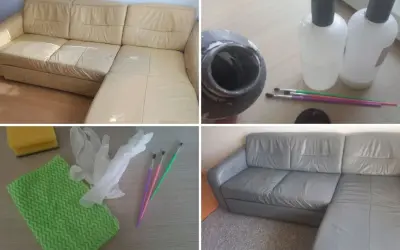 Przed i po metamorfozie kanapy. Samodzielne obicie kanapy z beżowej na szarą, z użyciem farby i akcesoriów.