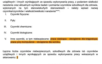 Formularz do badań wstępnych do pracy, zawierający opis czynników szkodliwych: praca siedząca, praca przy komputerze.