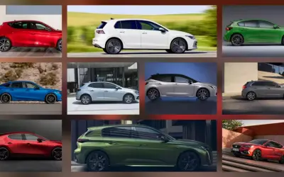 Kompilacja różnych modeli hatchback: czerwony, biały, zielony, niebieski, srebrny i szary.