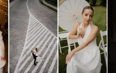 Kompozycja otwarta: para całuje się przy wieży kieliszków, tańczy na ulicy, siedzi z parasolką i przytula się w cieniu.