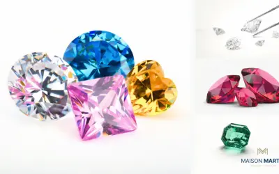 Un arcobaleno di gemme: un diamante rosa quadrato, uno zaffiro blu rotondo, un diamante giallo a forma di cuore e un diamante bianco sfaccettato.