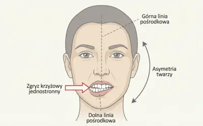 Ilustracja twarzy z zaznaczoną asymetrią i zgryzem krzyżowym jednostronnym. Widoczna jest nierówność dolnej części twarzy, wskazująca na problem z żuchwą.