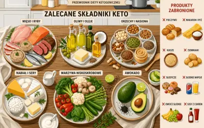 Zalecane składniki keto: mięso, ryby, nabiał, warzywa, awokado, oliwy, orzechy. Produkty zabronione: pieczywo, makaron, kasze, ziemniaki, słodycze, słodkie napoje, owoce, sosy z cukrem.