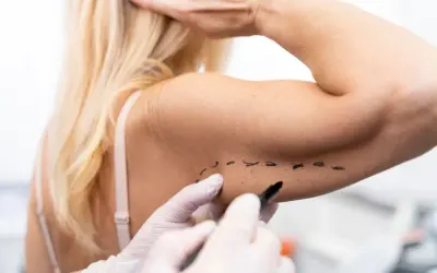 Medico disegna con pennarello su braccio, segnando una nuova tecnica per lifting braccia.