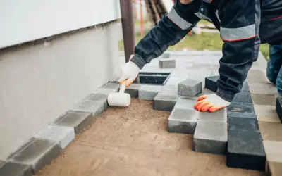 Pracownik w rękawicach układa kostkę brukową przy elewacji, używając gumowego młotka do precyzyjnego dopasowania.