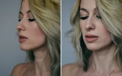 Kobieta z blond włosami i złotym kółkiem w nosie, czyli septum.