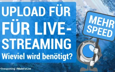 Upload für Live-Streaming: wie viel MB pro Sekunde sind gut? Ein Comic-Charakter mit Kamera hält ein Schild "Mehr Speed".