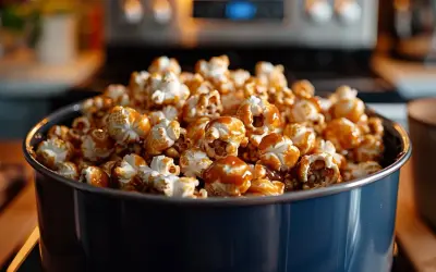 Un bol rempli de pop corn caramel, prêt à être dégusté.