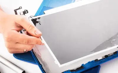 Dłoń trzyma nową matrycę do laptopa, gotową do montażu. Wymiana matrycy w laptopie to precyzyjna praca.
