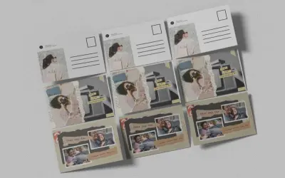 Kolekcja pocztówek z kolażami zdjęć i tekstem "they say two". Różne pocztówki wymiary, niektóre z kobietą z tyłu, inne z parami.