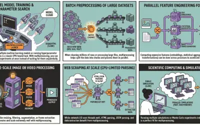 Entraînement de modèles ML, traitement de données, ingénierie de caractéristiques, traitement d'images, web scraping et simulations scientifiques : le multiprocessing accélère ces tâches.
