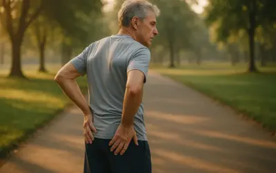 Homme âgé se tenant le côté, souffrant de douleur à la prothèse de hanche après 10 ans, dans un parc brumeux au lever du soleil.