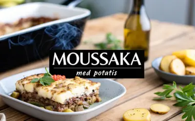 En värmande moussaka med potatis, perfekt för en mysig middag. Serveras i en ugnsform med färska örter och en flaska olivolja.