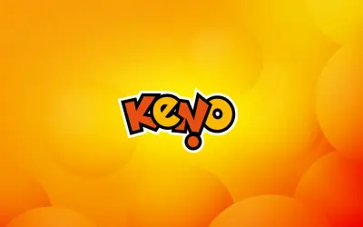 Kolorowa wizualizacja keno wyniki z logo gry na tle gradientu pomarańczowo-żółtego z okręgami.