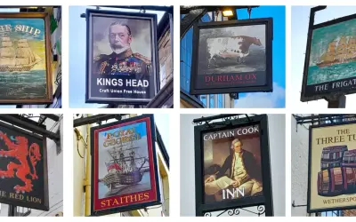 Carteles de pubs con nombres ingleses antiguos elegantes: The Ship, Kings Head, Durham Ox, The Frigate, The Red Lion, Royal George, Captain Cook, The Three Tuns.