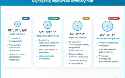 Tabela porównuje rozmiary muf: małe (1/8-3/8 cala) do precyzyjnych instalacji, standardowe (1/2-1 cala) do hydrauliki, duże (1 1/4-2 cala) do systemów wodnych i parowych, oraz przemysłowe (2 1/2-4 cala) do chemii i energetyki.