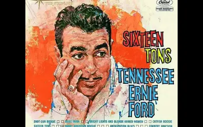 Okładka albumu Tennessee Ernie Ford "Sixteen Tons". Portret artysty z charakterystycznym wąsem i pierścieniem na palcu.