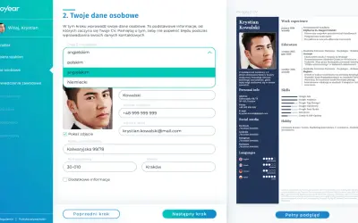 Tworzenie CV po angielsku. Krystian Kowalski uzupełnia dane osobowe, wybiera język angielski.