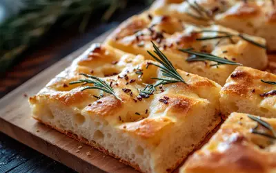 Nybakad focaccia med rosmarin och flingsalt, perfekt för ett enkelt focaccia recept.