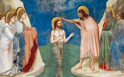 Dopet av Jesus. En viktig händelse som visar hur blir man kristen. Johannes Döparen döper Jesus i Jordanfloden.