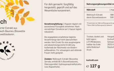Weihrauch-Kapseln: 180 Stück, vegan. Empfehlung: 2 Kapseln täglich mit Flüssigkeit einnehmen, um Weihrauch einzunehmen.