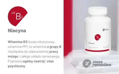 Niacyna co to? Witamina B3, niezbędna dla mózgu i układu nerwowego, poprawia nastrój. Suplement diety w kapsułkach.