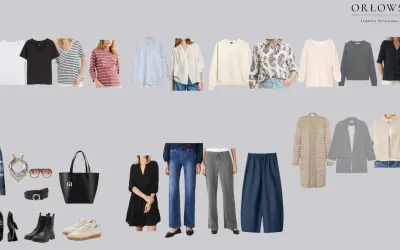 Kolekcja ubrań tworząca garderobę kapsułową: t-shirty, bluzki, sweter, marynarka, spodnie, sukienka, akcesoria.