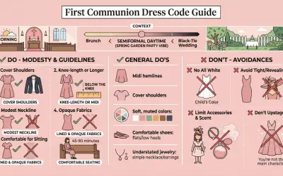 Dress code guide for a female guest at a first communion: cover shoulders, knee-length or longer, modest neckline, opaque fabrics, midi hemlines, muted colors, comfortable shoes, simple jewelry.