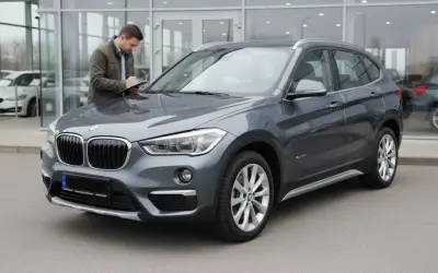 Szary BMW X1 przed salonem, mężczyzna spisuje notatki podczas oględzin. Idealny do bmw x1 test.