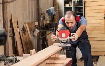Artisan concentré sur ses réalisations à la défonceuse, créant des formes précises sur une planche de bois dans son atelier.