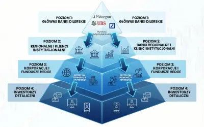 Schemat piramidy finansowej, pokazujący przepływy na otc giełdzie od głównych banków do inwestorów detalicznych.