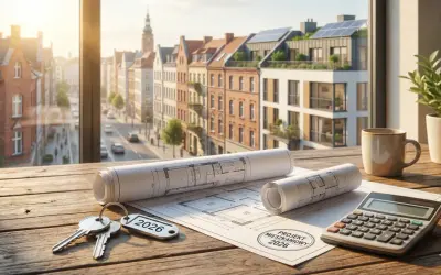 Klucze do nowego mieszkania, plany architektoniczne i kalkulator na drewnianym stole. Dofinansowanie do zakupu mieszkania w 2026 roku staje się realne.
