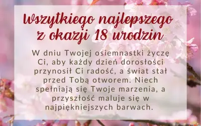 Grafika z życzeniami na 18 urodziny na tle kwitnącej wiśni.