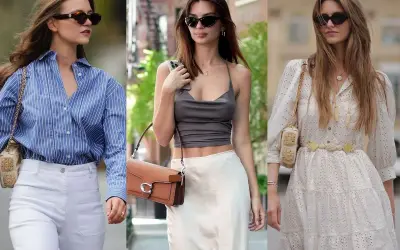Trzy kobiety prezentują stylowe stylizacje boho: w paski, satynową spódnicę i zwiewną sukienkę.
