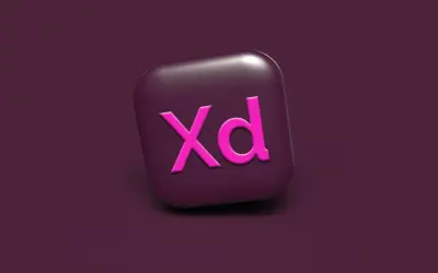 Ikona Adobe XD w kolorze fuksji na ciemnofioletowym tle. Narzędzie do projektowania interfejsów.