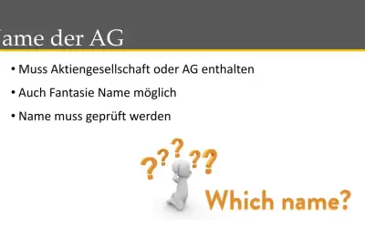 Namensfindung für eine Aktiengesellschaft: Muss "AG" enthalten, Fantasienamen möglich, aber Prüfung nötig.