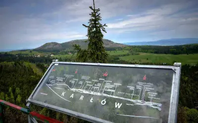 Widok z punktu widokowego w Karłowie na malownicze wzgórza i lasy. Na pierwszym planie tablica informacyjna z mapą terenu.