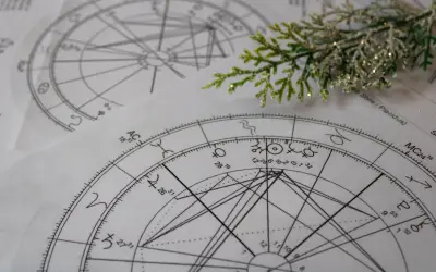 Zrozumienie, jak czytać kosmogram, to klucz do odkrywania tajemnic wszechświata. Na zdjęciu widać fragmenty kosmogramów, symboli astrologicznych i gałązkę iglastą.