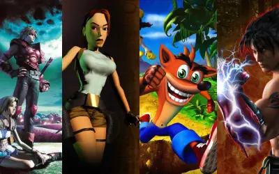 Kompilacja postaci z najlepszych gier na PS1: bohaterowie Final Fantasy, Lara Croft, Crash Bandicoot i Jin Kazama.