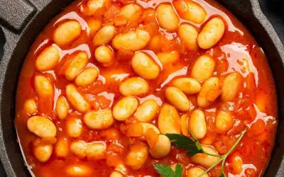 Pyszna fasolka po bretońsku przepis w garnku. Aromatyczne danie z białej fasoli w sosie pomidorowym, ozdobione natką pietruszki.