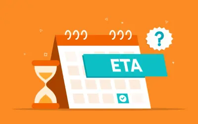 Kalender mit "ETA" und Sanduhr. Wann ist das ETA-Datum? Ein Fragezeichen schwebt über dem Kalender.