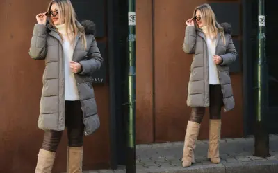 Stylowe kurtki damskie plus size zimowe w kolorze szarym, idealne na chłodne dni. Kobieta w okularach przeciwsłonecznych i białym golfie.